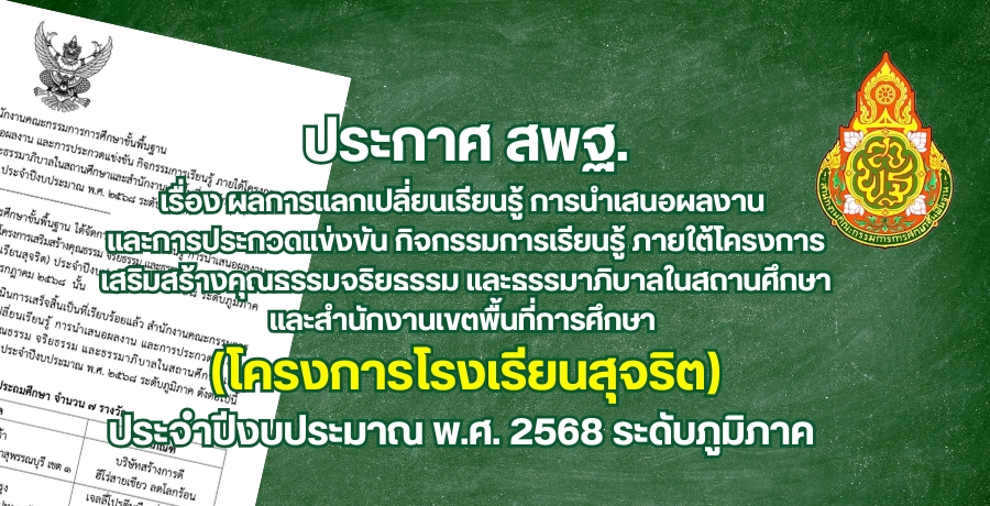 การประกาศผลการแลกเปลี่ยนเรียนรู้ การนำเสนอผลงาน และการประกวดแข่งขัน กิจกรรมการเรียนรู้ โครงการ "โรงเรียนสุจริต" การประกาศผลการแลกเปลี่ยนเรียนรู้ การนำเสนอผลงาน และการประกวดแข่งขัน กิจกรรมการเรียนรู้ โครงการ "โรงเรียนสุจริต"