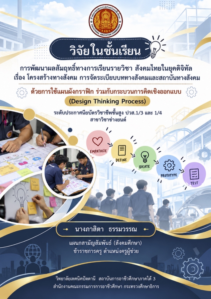 การพัฒนาผลสัมฤทธิ์ทางการเรียนรายวิชาสังคมไทยในยุคดิจิทัล เรื่อง โครงสร้างทางสังคม สถาบันทางสังคม และการจัดระเบียบทางสังคม ด้วยการใช้แผนผังกราฟฟิกร่วมกับกระบวนการคิดเชิงออกแบบ (Design Thinking Process) : ภาสิตา ธรรมวรรณ