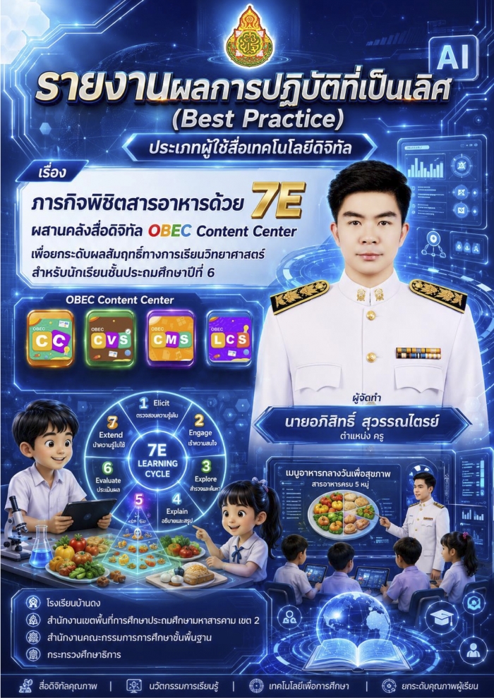 รายงานผลการปฏิบัติที่เป็นเลิศ (Best Practice) เรื่อง ภารกิจพิชิตสารอาหารด้วย 7E ผสานคลังสื่อดิจิทัล OBEC Content Center เพื่อยกระดับผลสัมฤทธิ์ทางการเรียนวิทยาศาสตร์ : อภิสิทธิ์ สุวรรณไตรย์