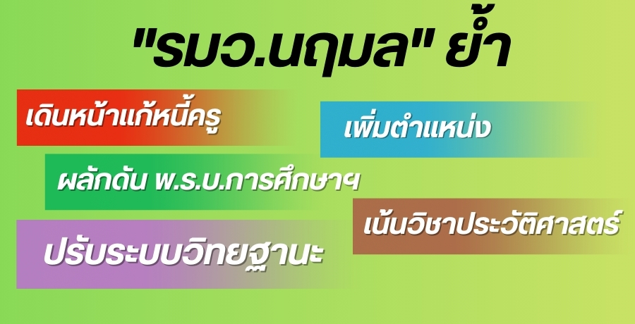 "รมว.นฤมล" ย้ำ เดินหน้าแก้หนี้ครู ผลักดัน พ.ร.บ.การศึกษาฯ ปรับระบบวิทยฐานะ เพิ่มตำแหน่ง พร้อมขอให้เน้นวิชาประวัติศาสตร์ มอง เด็กควรเข้าใจหน้าที่พลเมืองไทย "รมว.นฤมล" ย้ำ เดินหน้าแก้หนี้ครู ผลักดัน พ.ร.บ.การศึกษาฯ ปรับระบบวิทยฐานะ เพิ่มตำแหน่ง พร้อมขอให้เน้นวิชาประวัติศาสตร์ มอง เด็กควรเข้าใจหน้าที่พลเมืองไทย