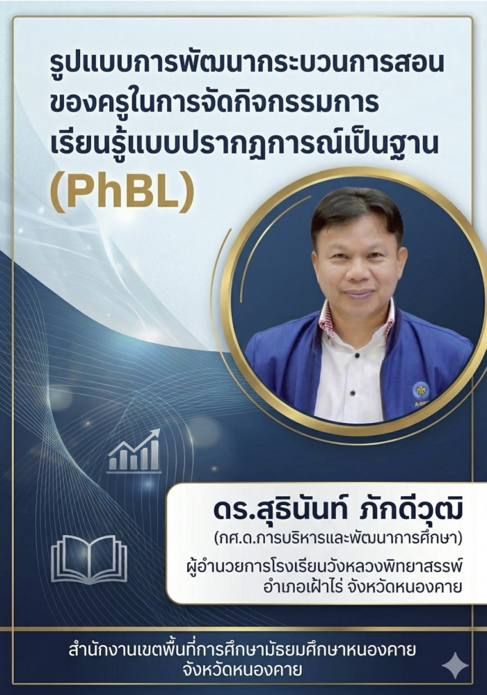 รูปแบบการพัฒนากระบวนการสอนของครูในการจัดกิจกรรมการเรียนรู้แบบปรากฏการณ์เป็นฐาน (PhBL) โรงเรียนวังหลวงพิทยาสรรพ์ จังหวัดหนองคาย : สุธินันท์ ภักดีวุฒิ